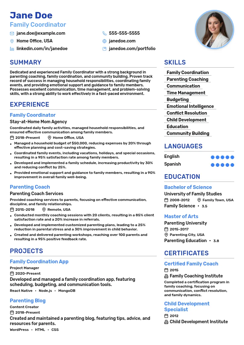 Family Coordinator resume example