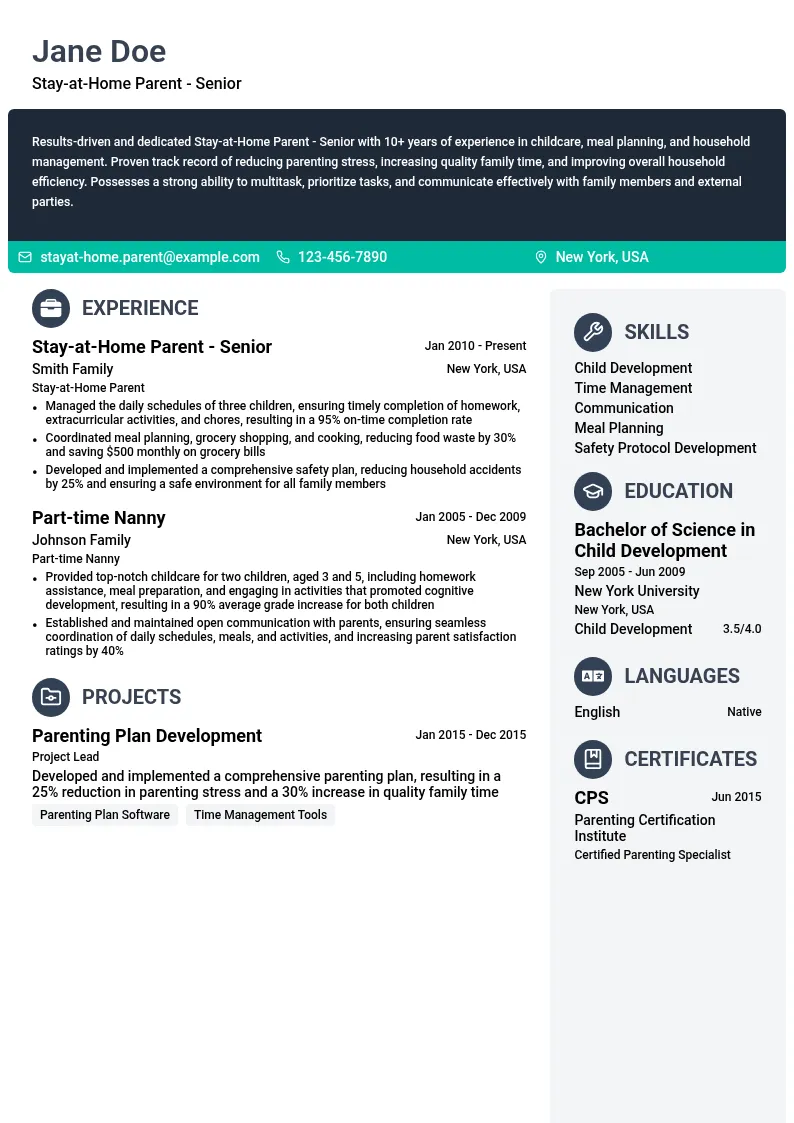 Stay-at-Home Parent - Senior resume example