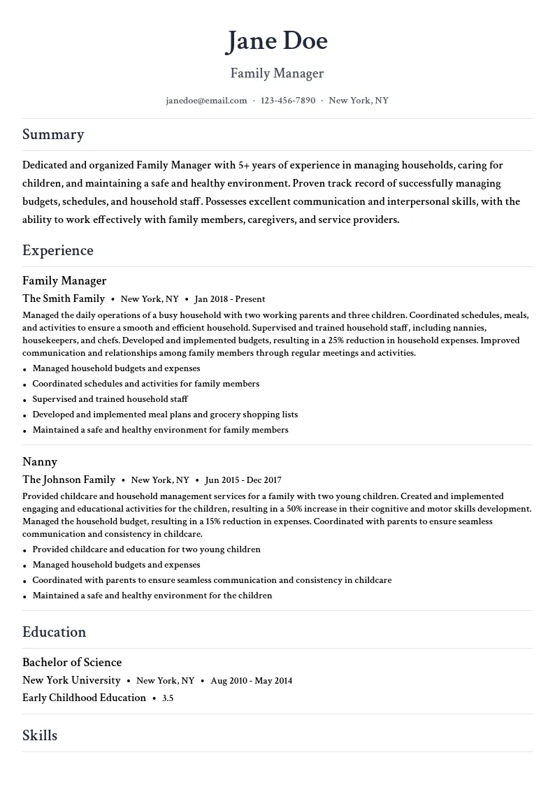 Family Manager resume example