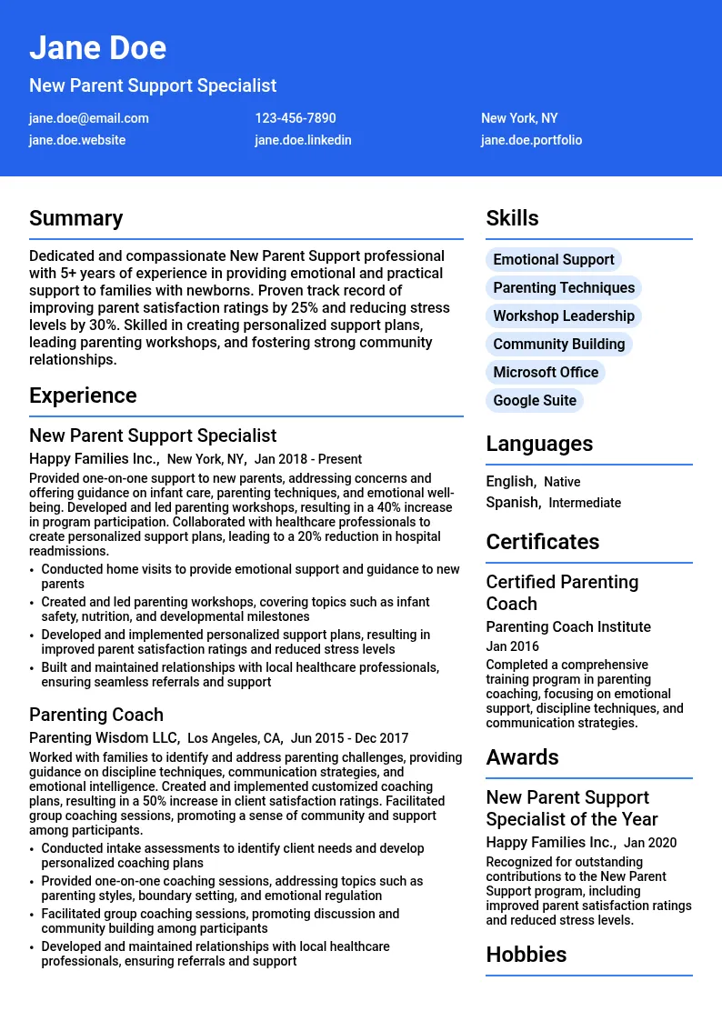 New Parent Support resume example