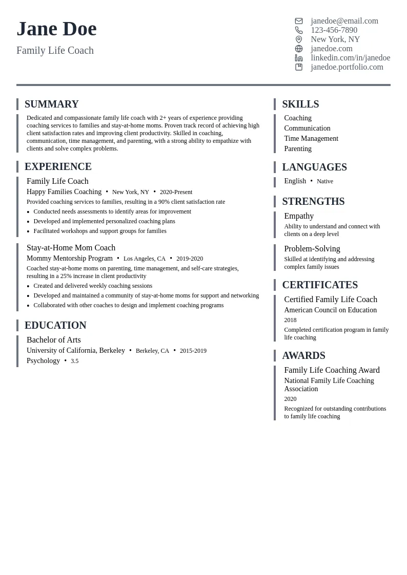 Family Life Coach resume example