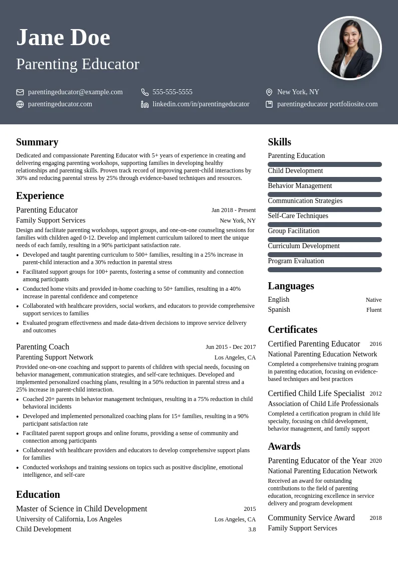 Parenting Educator resume example