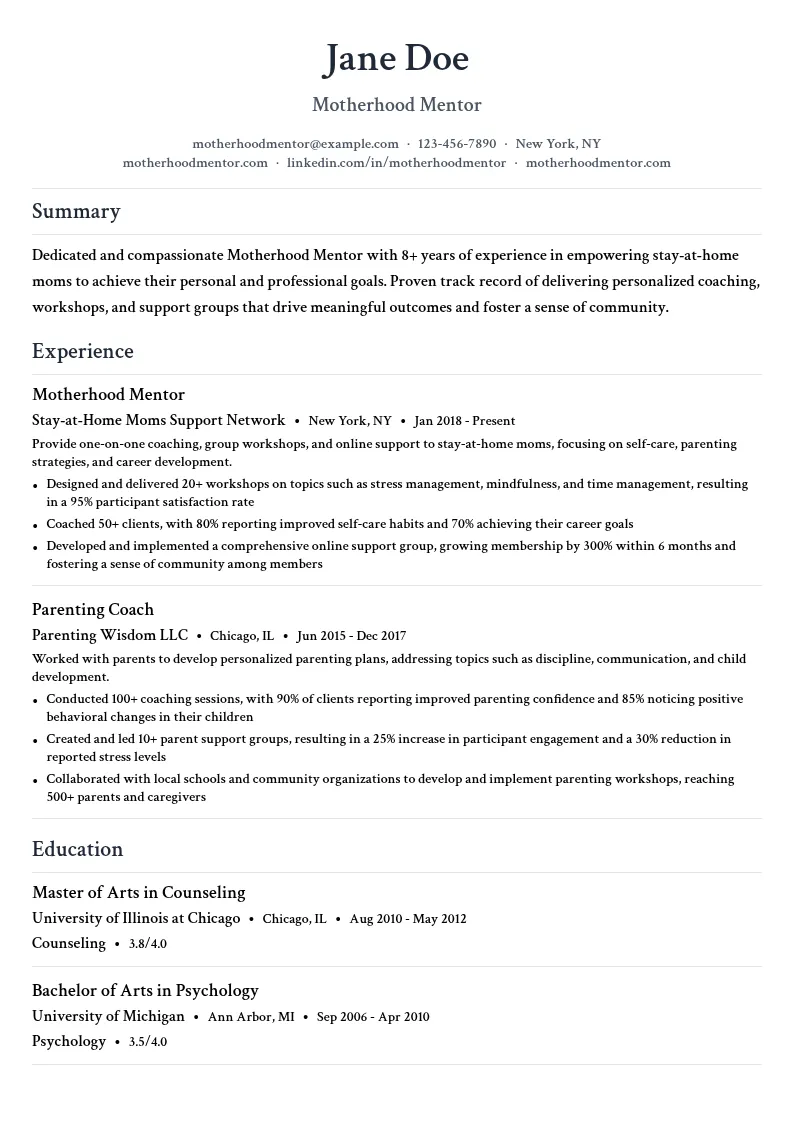 Motherhood Mentor resume example