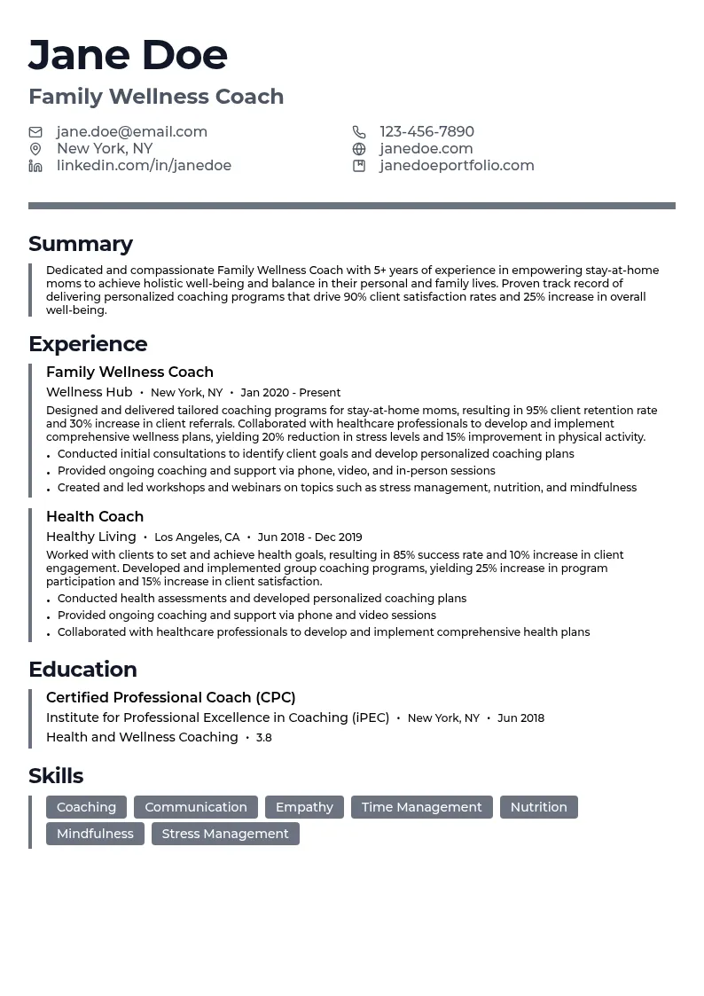 Family Wellness Coach resume example