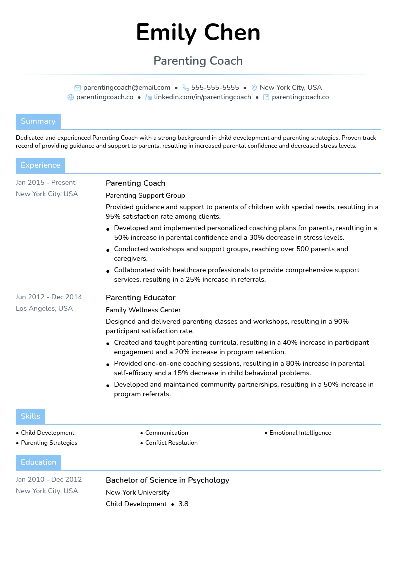 Parenting Coach resume example