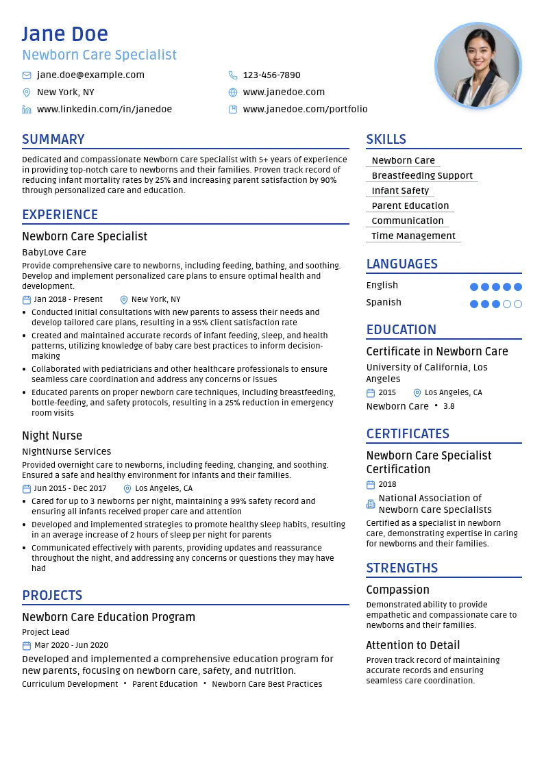 Newborn Care Specialist resume example