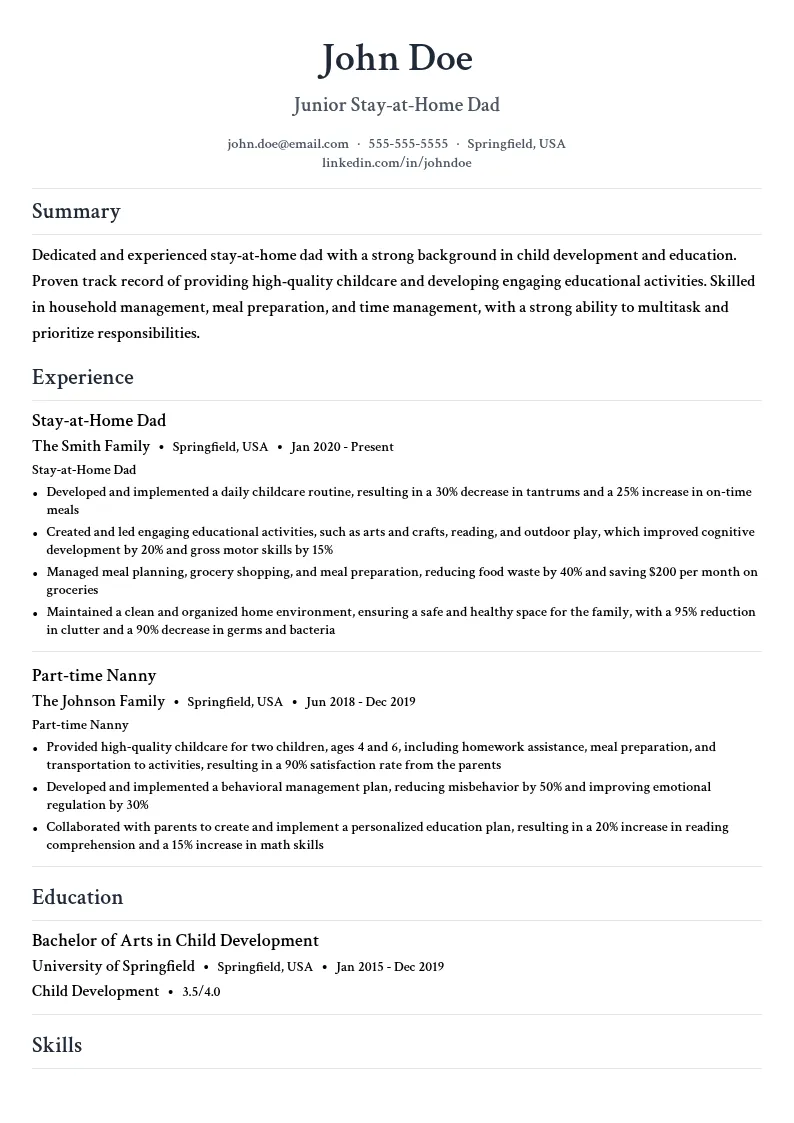 Junior Stay-at-Home Dad resume example