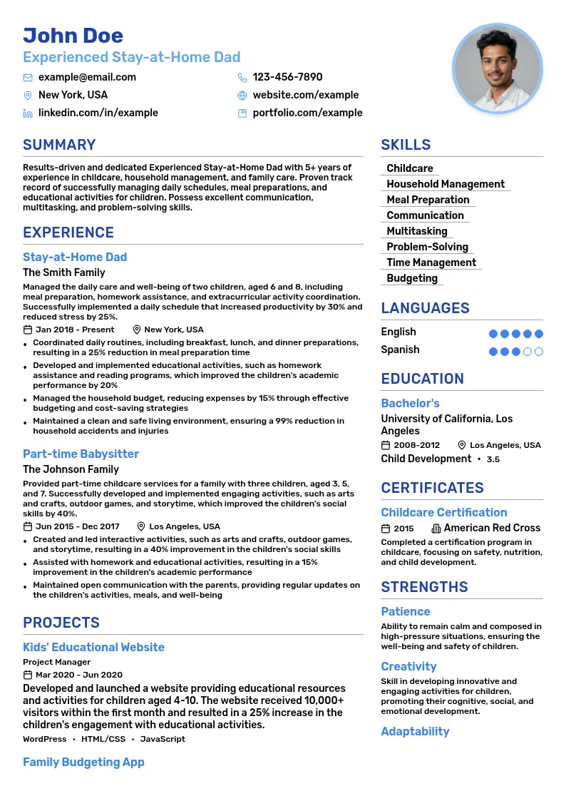 Experienced Stay-at-Home Dad resume example