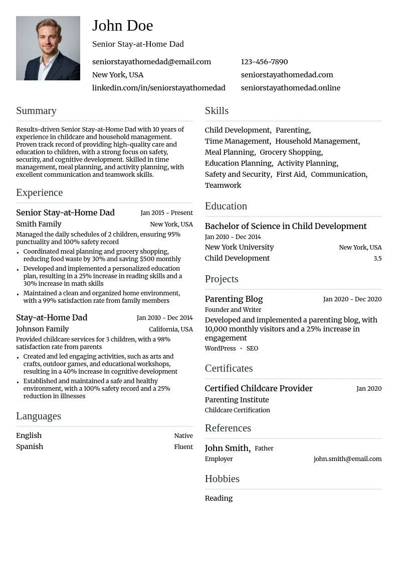 Senior Stay-at-Home Dad resume example