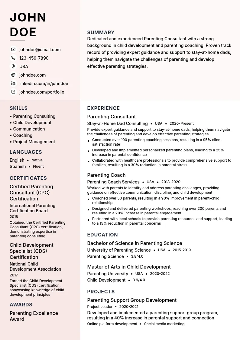 Parenting Consultant resume example