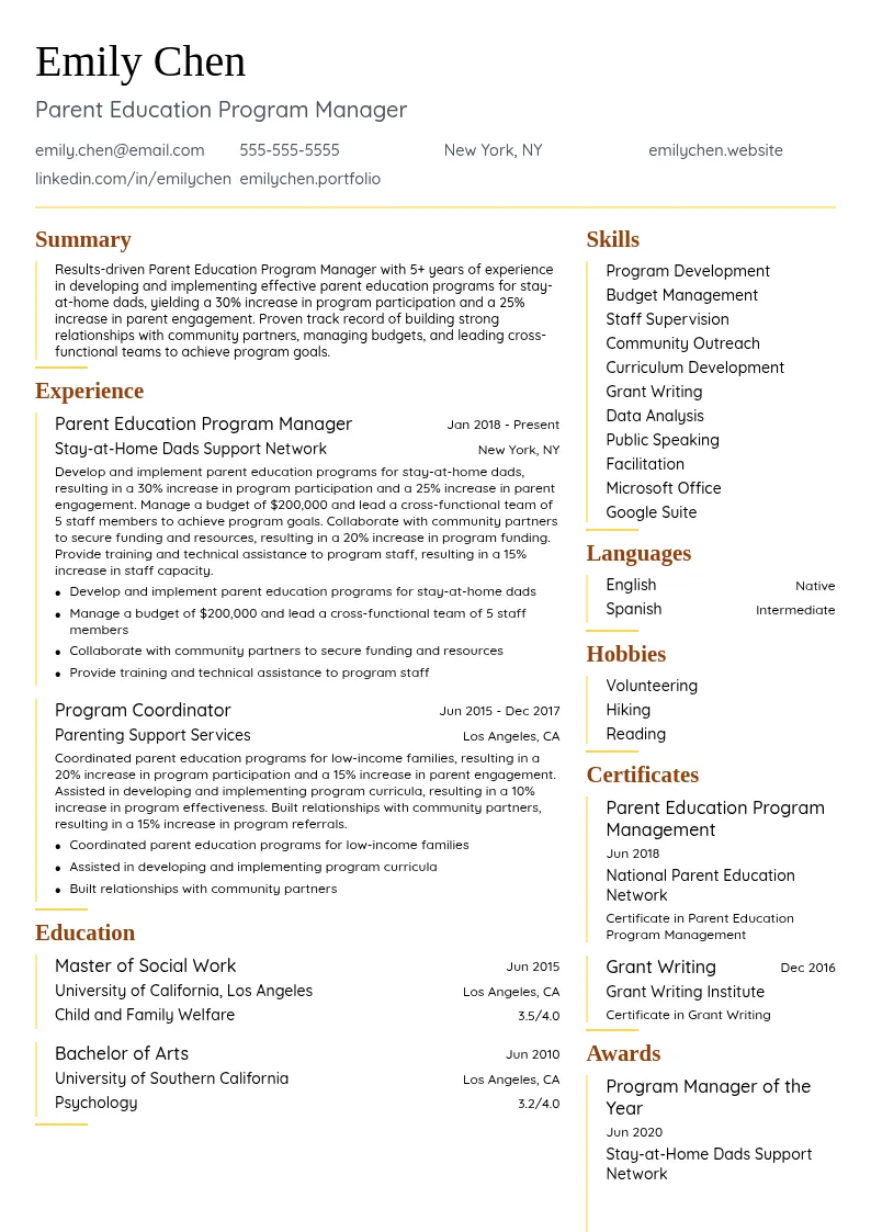 Parent Education Program Manager resume example