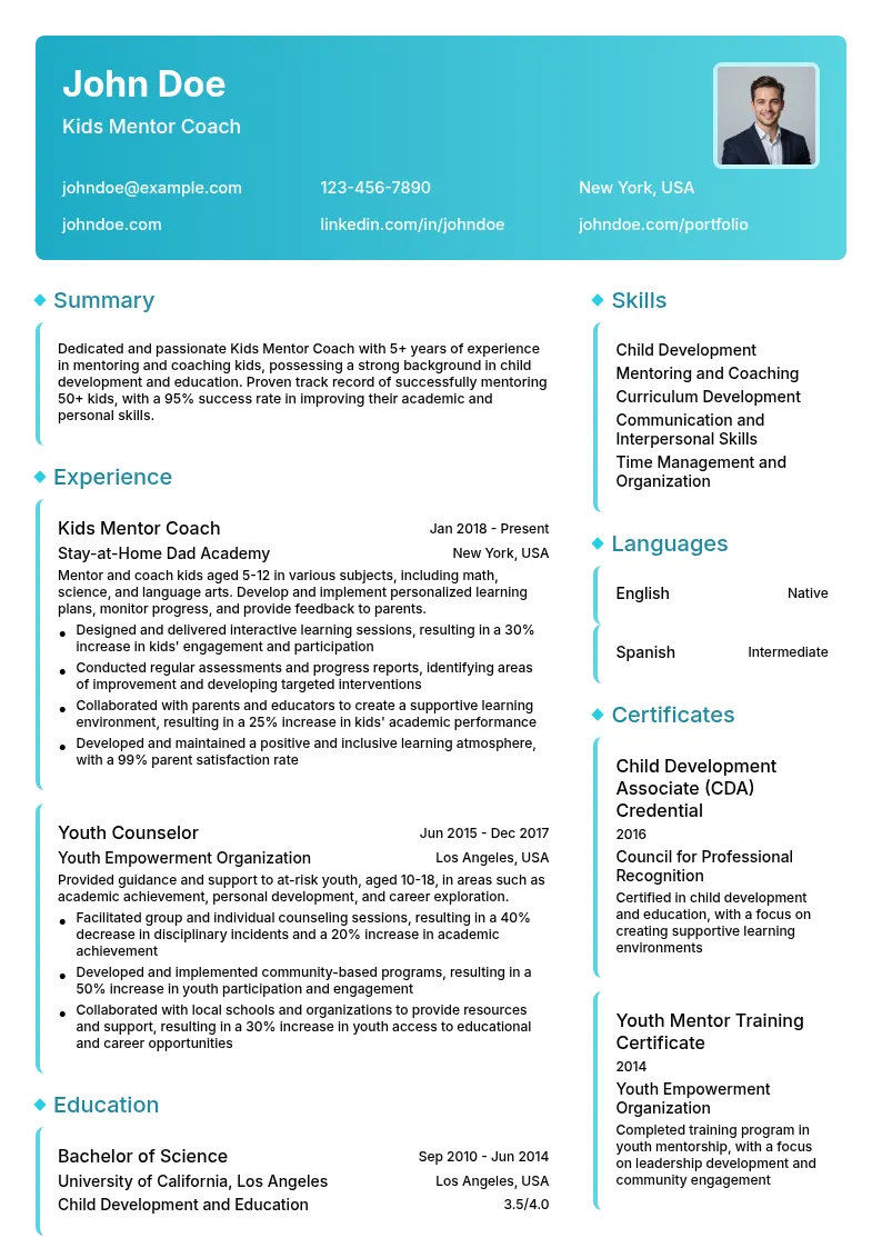 Kids Mentor Coach resume example