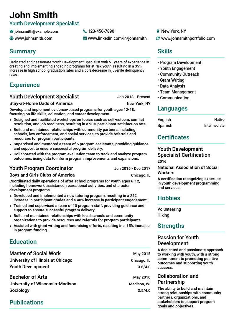 Youth Development Specialist resume example
