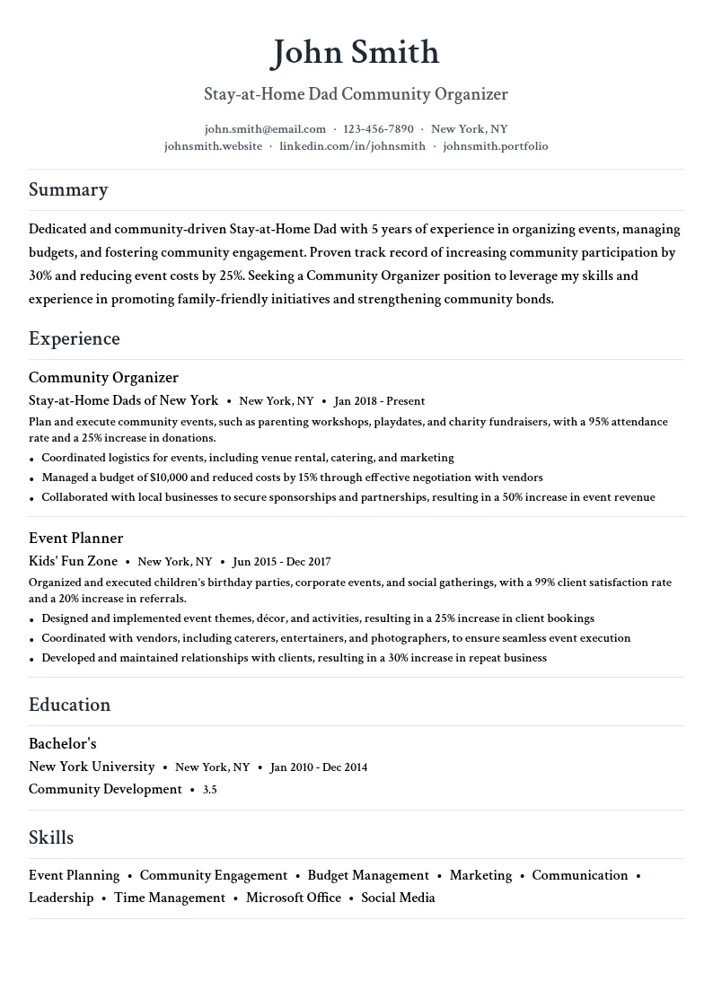 Stay-at-Home Dad Community Organizer resume example