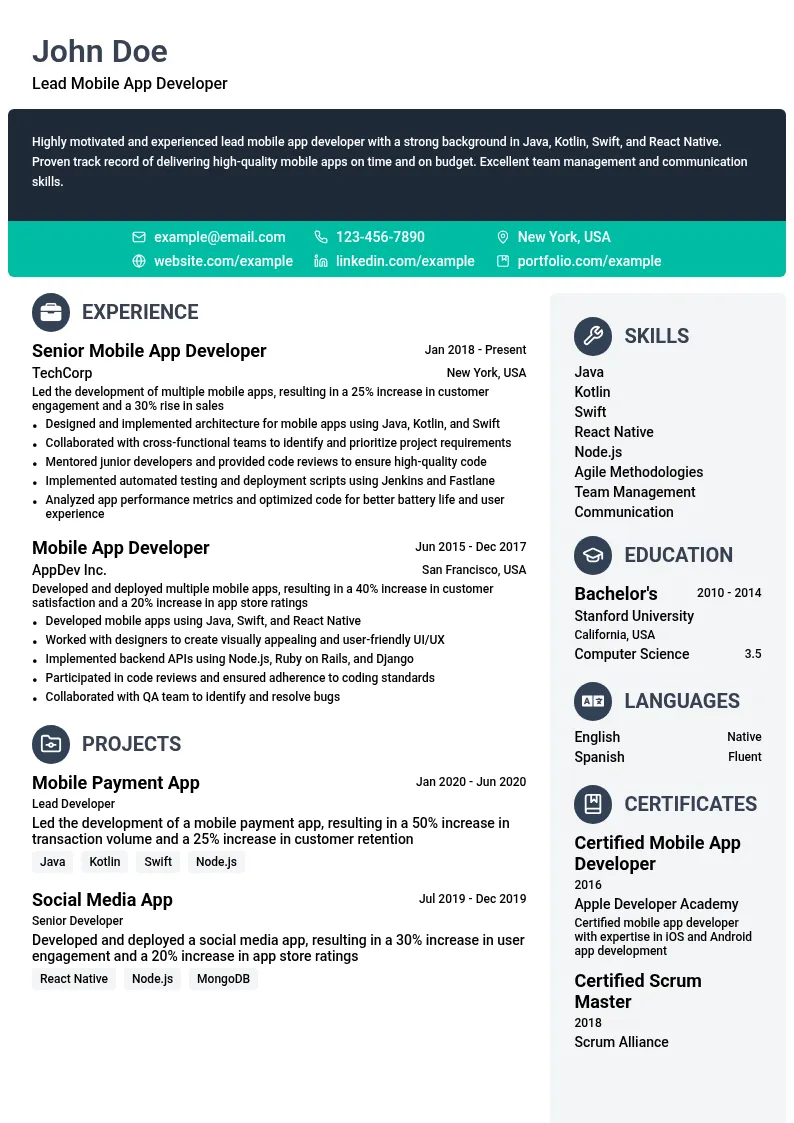 Lead Mobile App Developer resume example