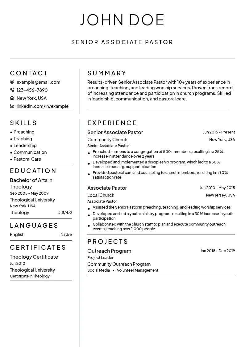 Senior Associate Pastor resume example