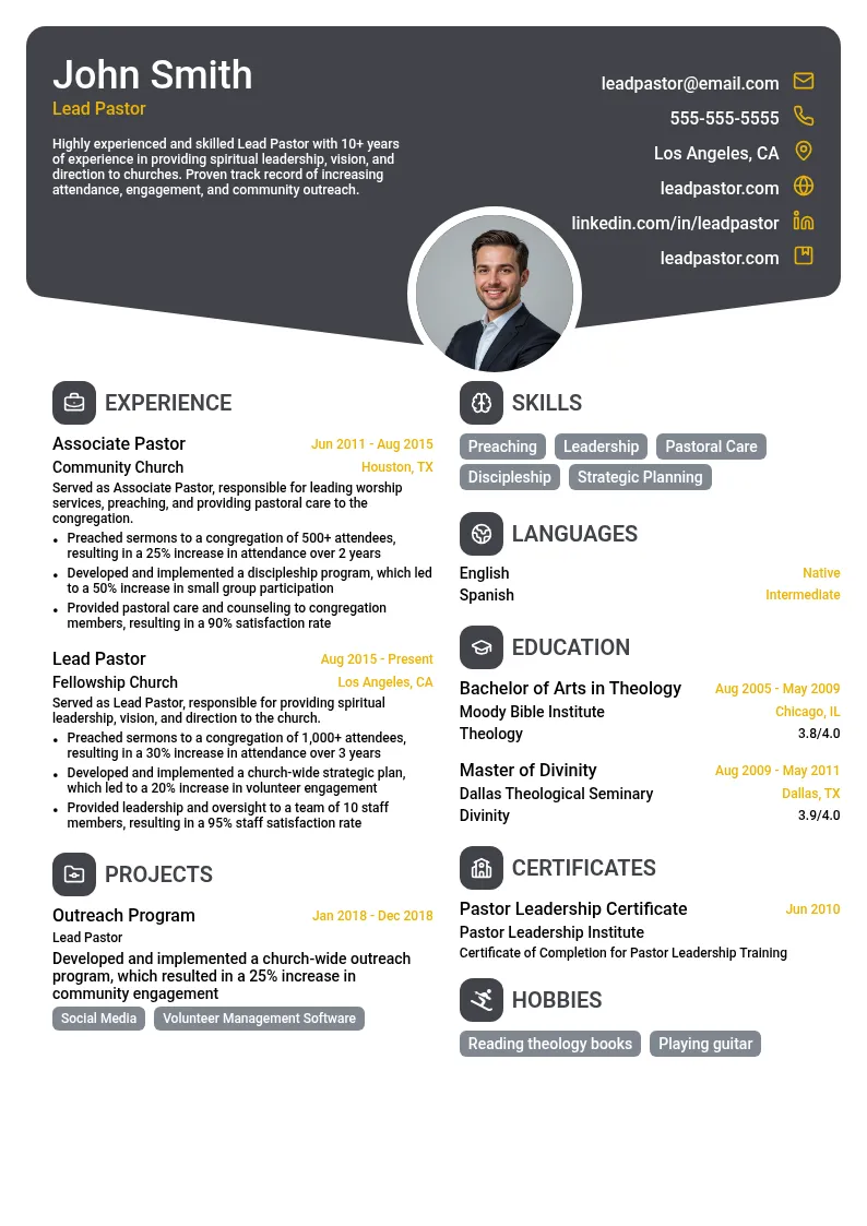 Lead Pastor resume example