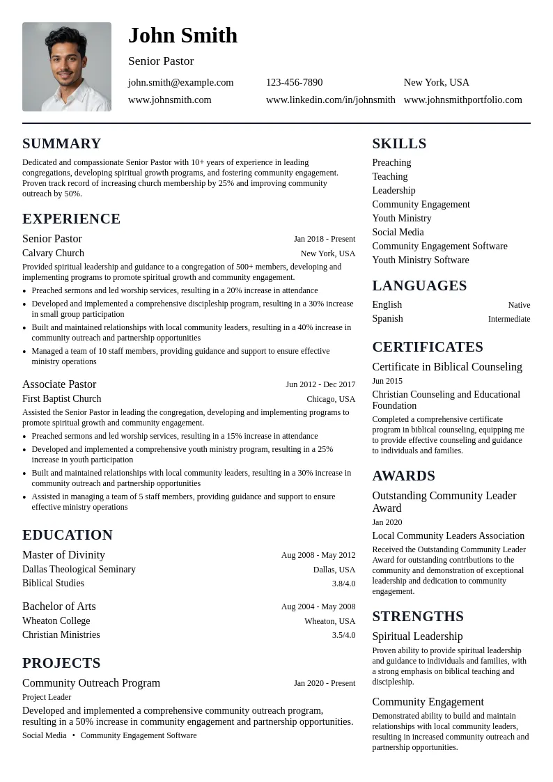 Senior Pastor resume example