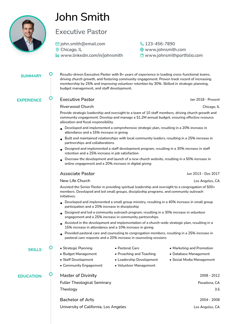 Executive Pastor resume example