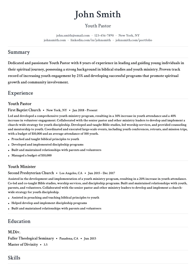 Youth Pastor resume example