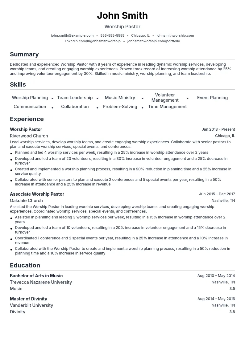 Worship Pastor resume example