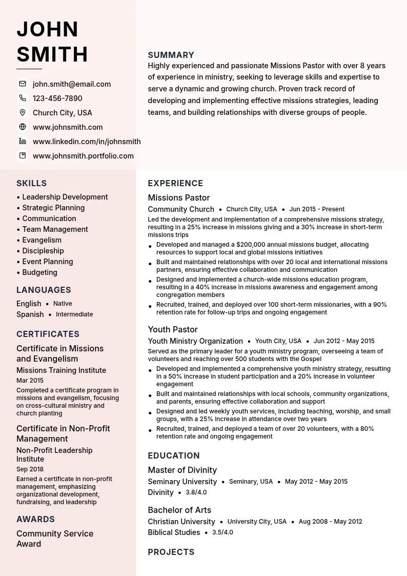 Missions Pastor resume example