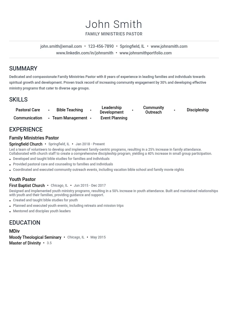 Family Ministries Pastor resume example