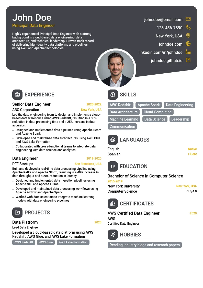 Principal Data Engineer resume example