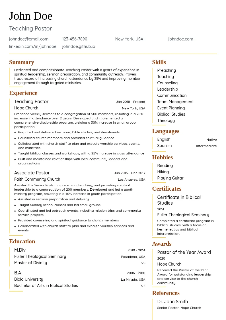 Teaching Pastor resume example