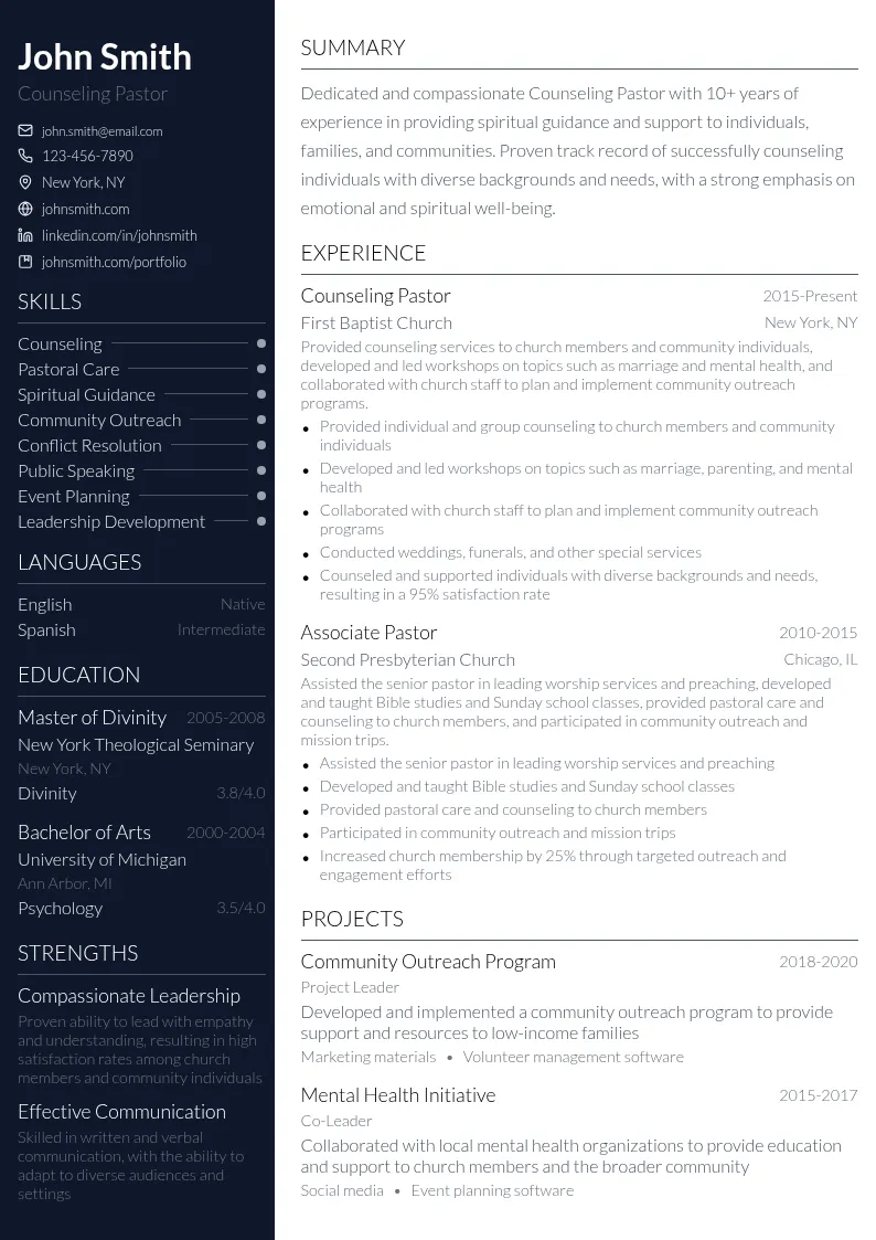 Counseling Pastor resume example
