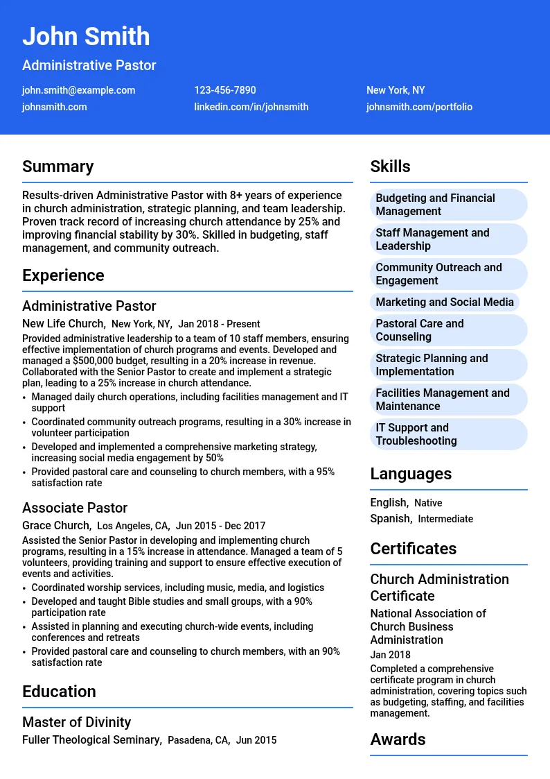 Administrative Pastor resume example