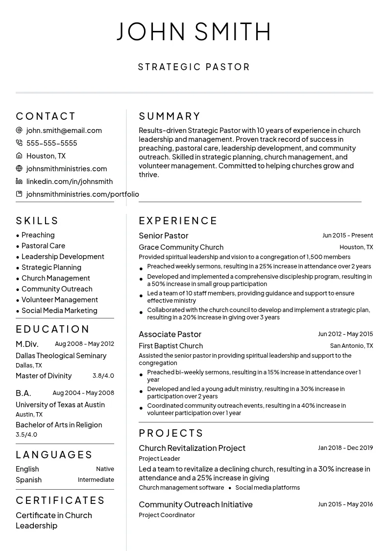 Strategic Pastor resume example