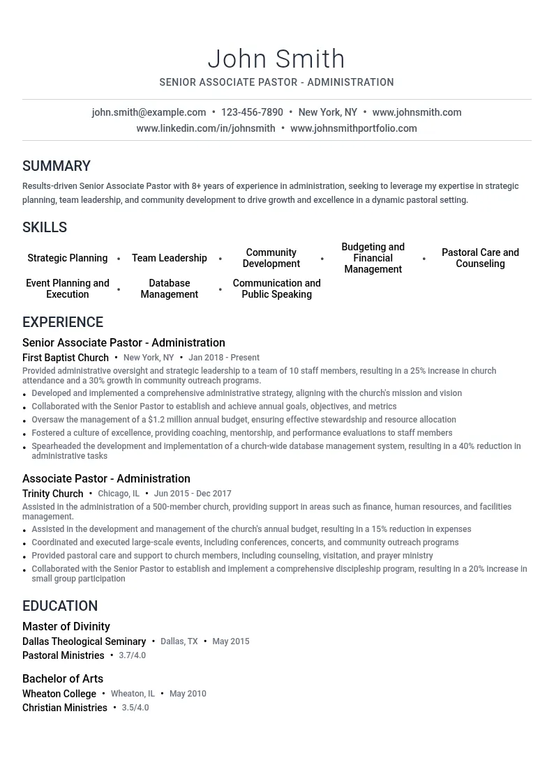 Senior Associate Pastor - Administration resume example