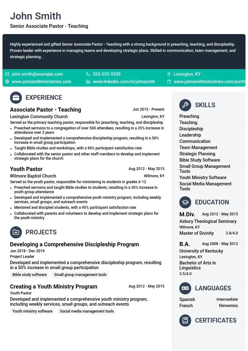 Senior Associate Pastor - Teaching resume example