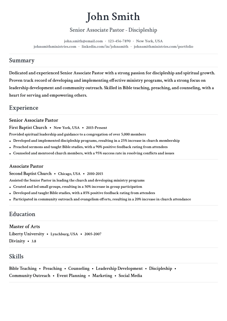 Senior Associate Pastor - Discipleship resume example