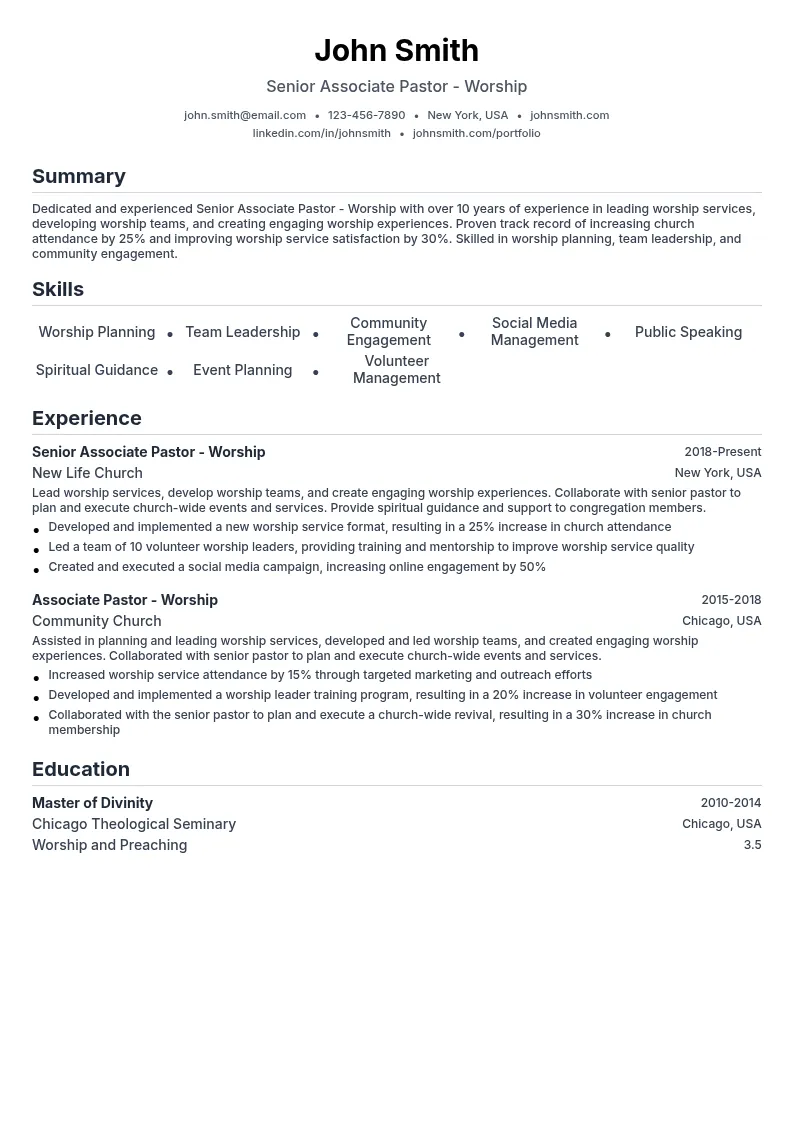 Senior Associate Pastor - Worship resume example