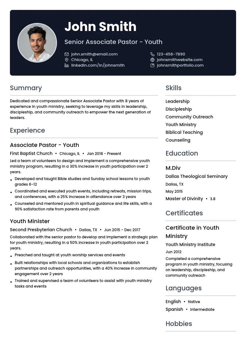 Senior Associate Pastor - Youth resume example