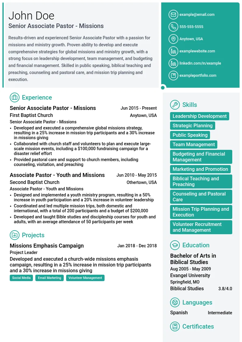 Senior Associate Pastor - Missions resume example