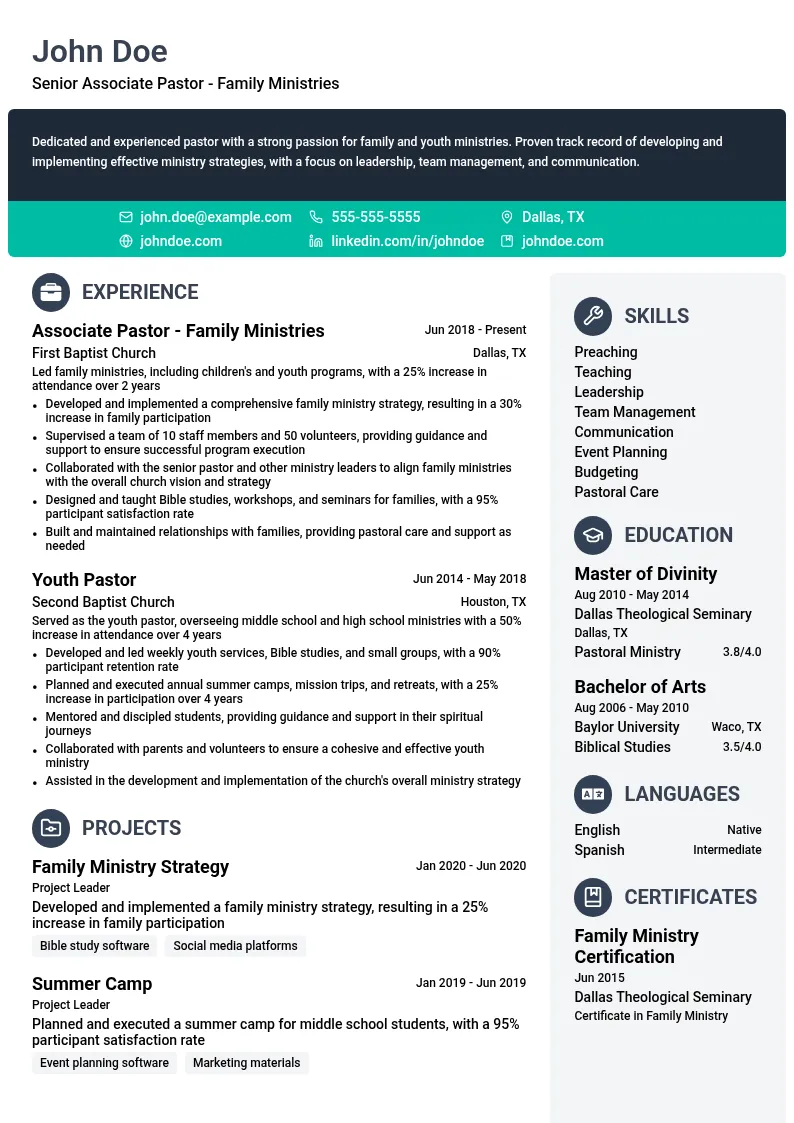 Senior Associate Pastor - Family Ministries resume example