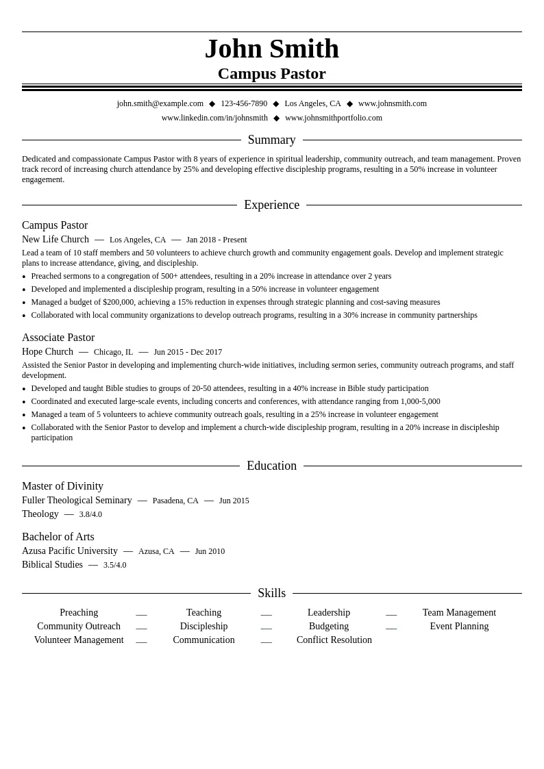 Campus Pastor resume example