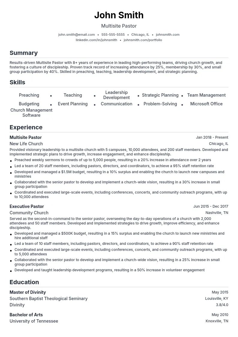 Multisite Pastor resume example
