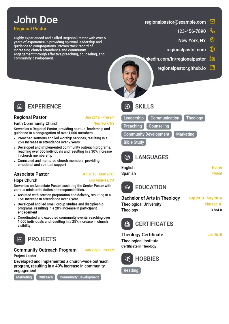 Regional Pastor resume example