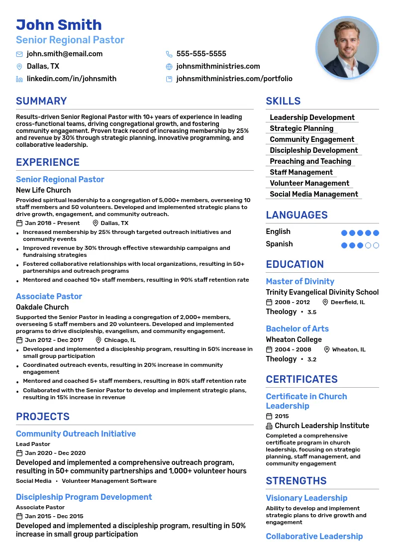 Senior Regional Pastor resume example