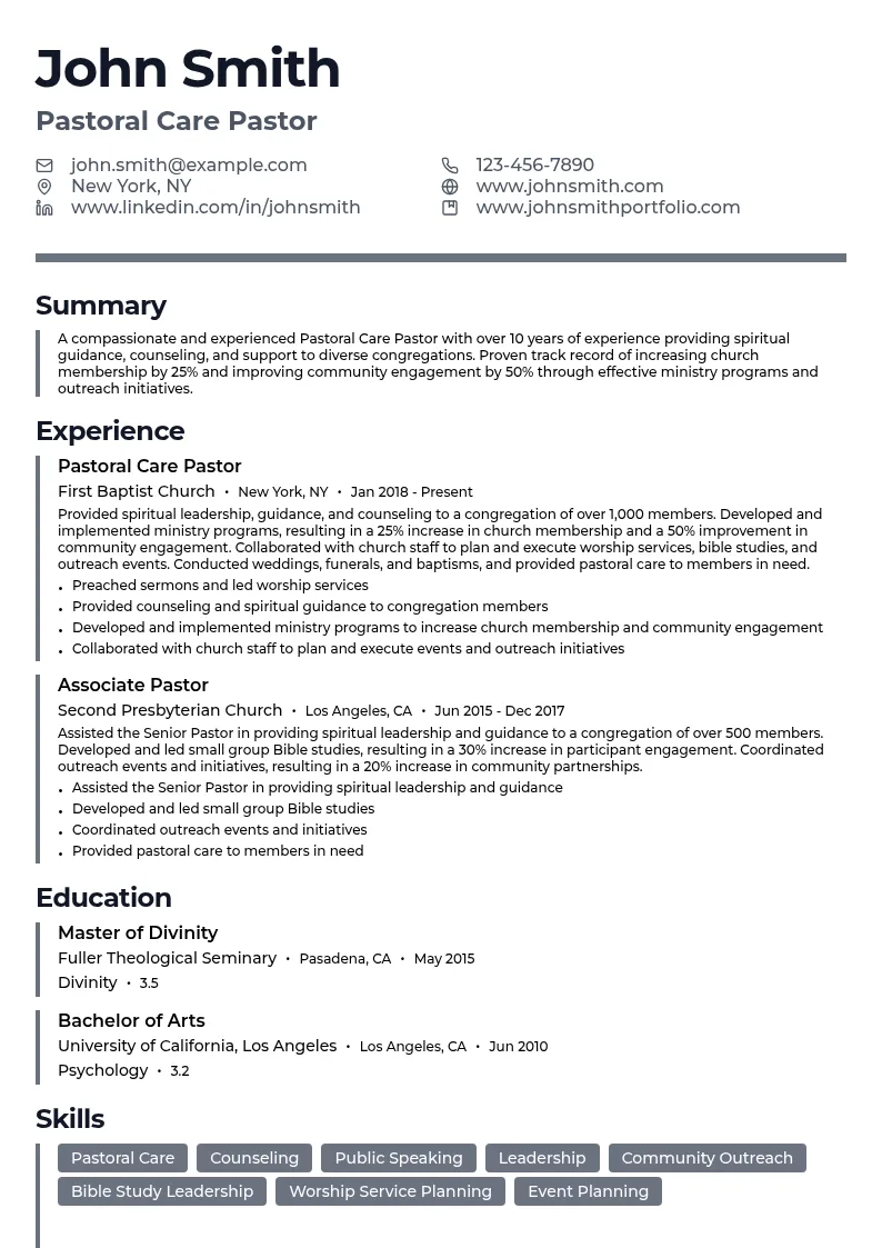 Pastoral Care Pastor resume example