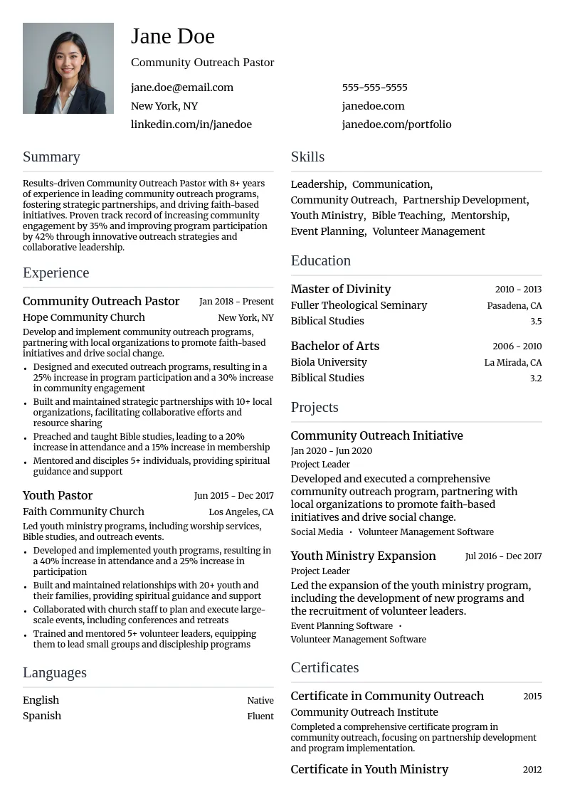Community Outreach Pastor resume example