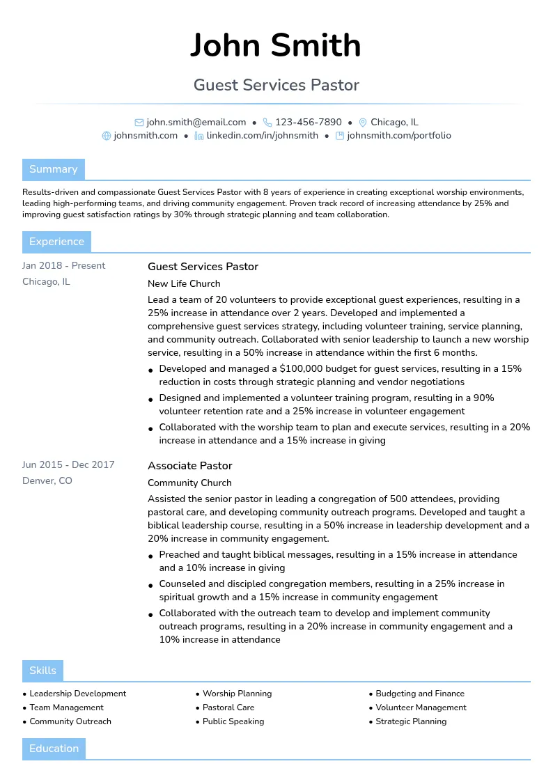 Guest Services Pastor resume example