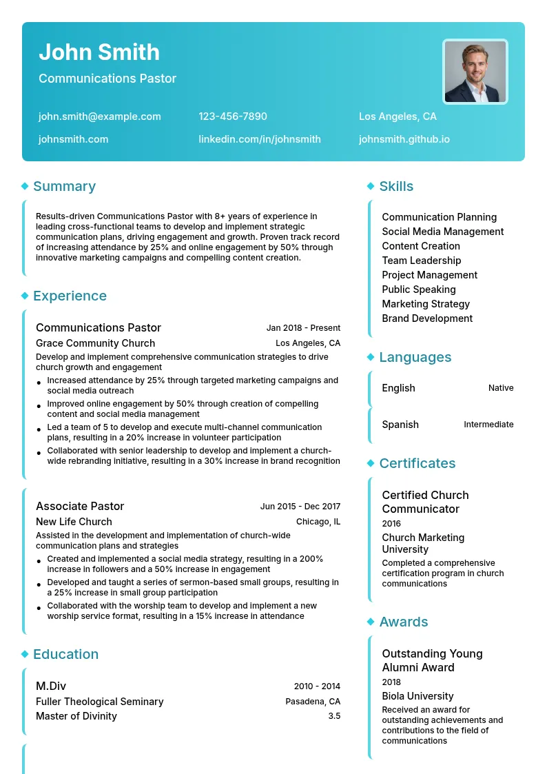 Communications Pastor resume example