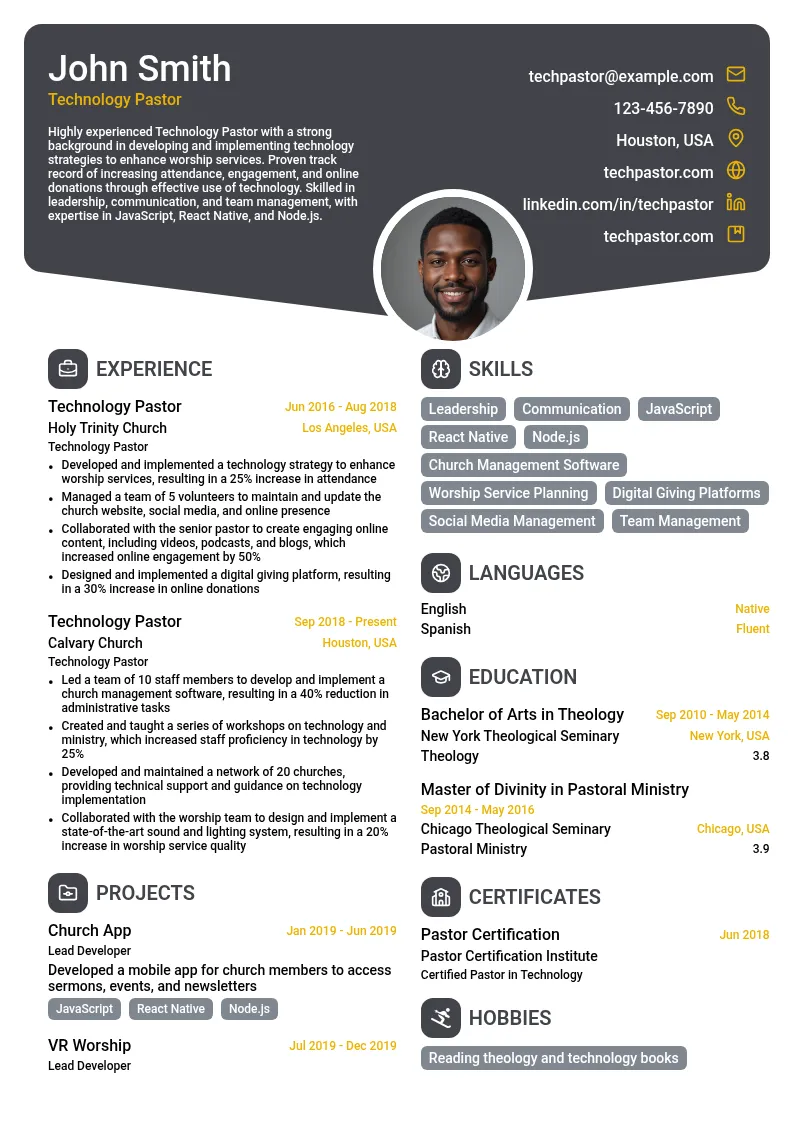 Technology Pastor resume example