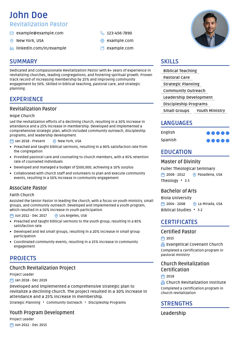 Revitalization Pastor resume example