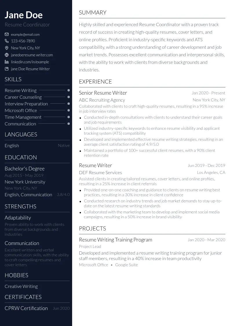 Resume Coordinator resume example